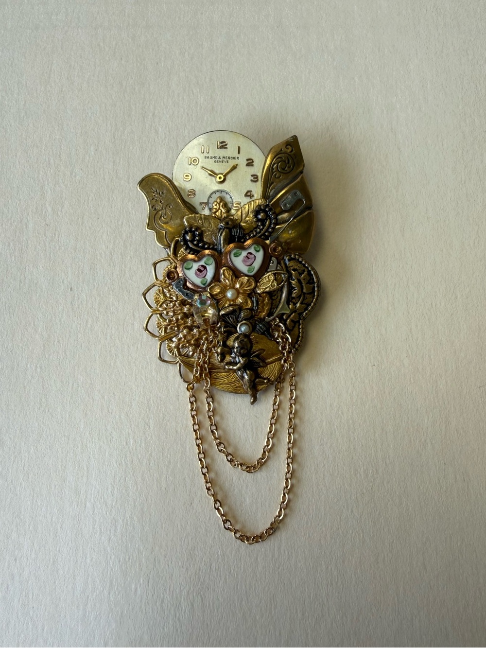 Vintage Artisan Signed JJ 1995 Steam Punk Brass Watch Enamel Hearts Cherub Pin.